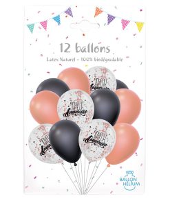 12 Ballons rose gold et noir Joyeux Anniversaire