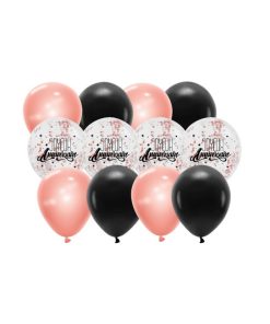 Alternative view of 12 Ballons rose gold et noir Joyeux Anniversaire